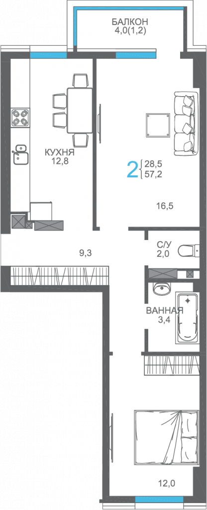 4 этаж 2-комнатн. 57.2 кв.м.