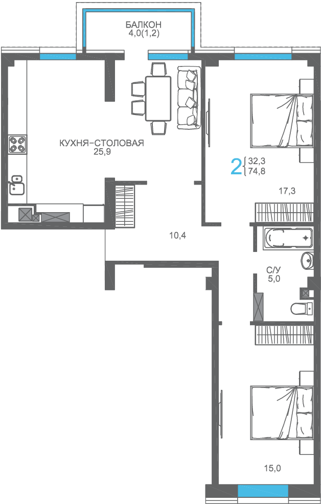 8 этаж 2-комнатн. 74.8 кв.м.